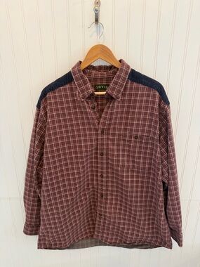Orvis Burgundy Plaid Button-Down Shirt w/ Navy Corduroy Shoulder Panels Size XL